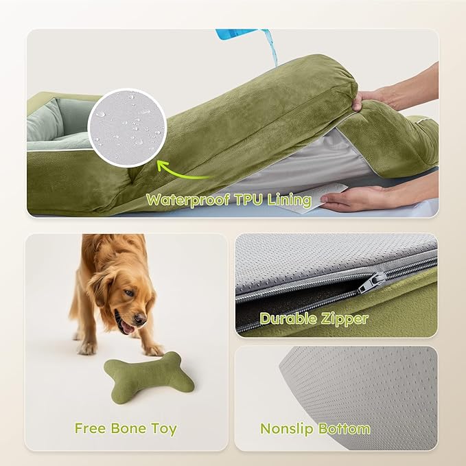 Jumbo Dog Bed for Extra Large Dogs, Orthopedic Dog Bed with Cooling Gel Memory Foam, Waterproof Pet Bed with Removable Washable Cover, 45" Pet Sofa Couch Dutch Velvet with Bone Toy, Dark Green