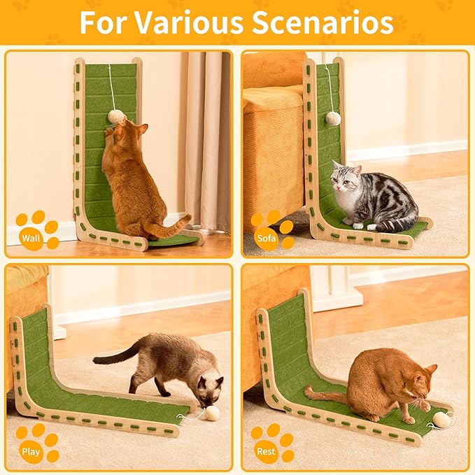 Cat Scratch Pad Felt Cat Scratcher for Indoor Cats Scratching Board Scratchers for Large Cat Scratch Furniture Protector with Ball Kitten Toys L Shape 26.8 Inch Green