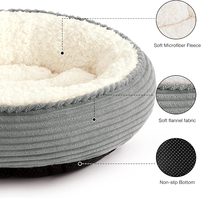 Love's cabin Round Donut Cat and Dog Cushion Bed, 25in Pet Bed for Small or Medium Dogs, Anti-Slip & Water-Resistant Bottom, Soft Durable Fabric Pet Beds, Washable Calming Cat Bed Grey Stripe