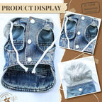 Cool Dog Jean Jacket Vest with D-Ring Blue Denim Dogs Hoodies Outfits for Small Medium Dogs Cats Boy Male Dog Clothes Costume Dogggie Puppy Harness Coat for Frenchie Walking(Grey Hat,L)