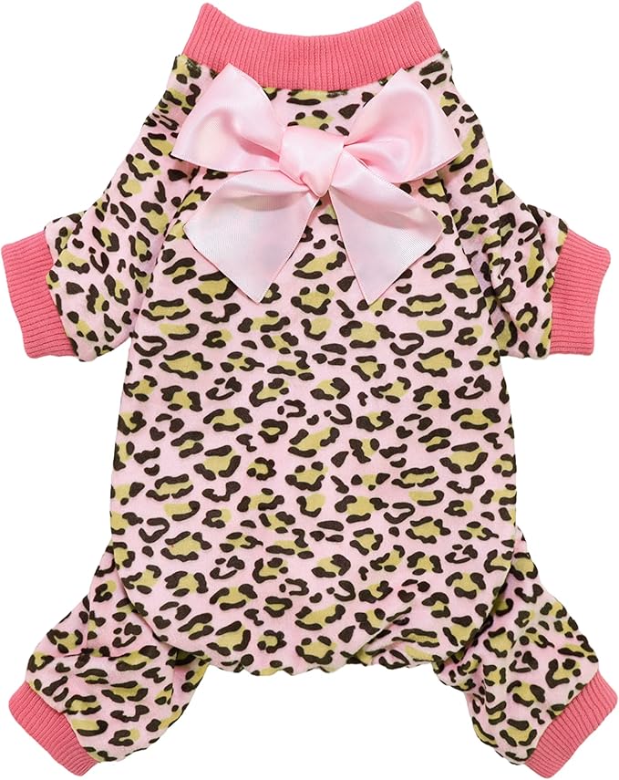 Fitwarm Leopard Dog Pajamas, Fleece Dog Clothes for Small Dogs Girl with Legs, Pet Onesie, Cat Outfit, Pink, Medium