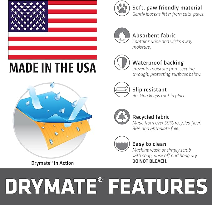 Drymate Cat Litter Box Mat, Litter Trapping Mat, Waterproof, Urine-Proof, Absorbent, Machine Washable, Soft on Paws, Contains Mess, Protects Floors, Kitten Supplies, Dark Grey, 20x28