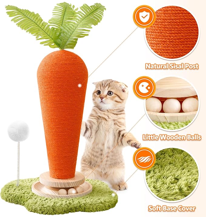 Cute Cat Scratching Post, Carrot Cat Scratcher Post with Durable Natural Wooden Turntable Toy and Catnip, 24'‘ H Carrot Shape Design Sisal Cat Tree Sisal Scratcher for Indoor Cats (Cloud Base)