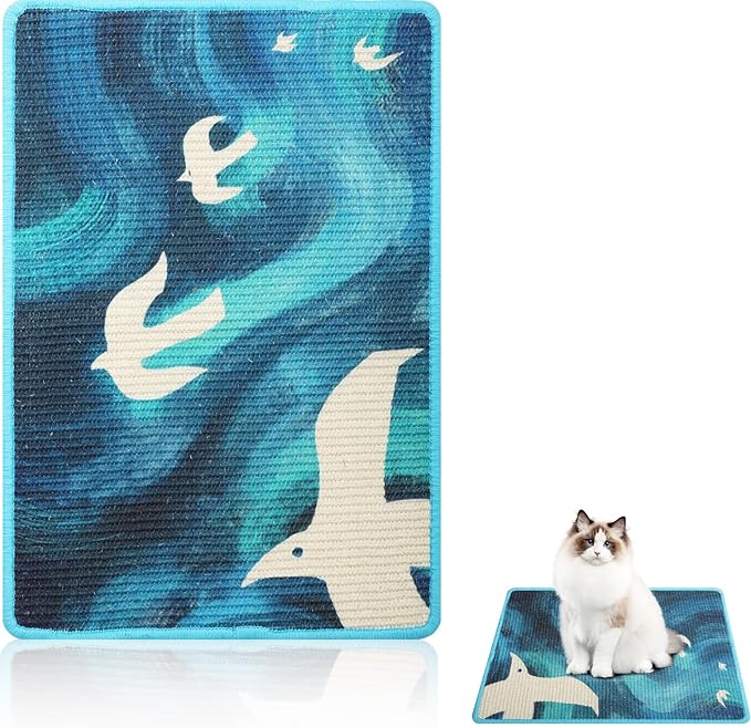 3-in-1 Sisal Cat Scratcher Mat 23.6x15.7'' Protects Carpet Couch & Furniture with Sticker Tape, Floor & Wall Cat Scratching Pad, Anti-Slip, Durable for Indoor Outdoor Cats (Blue Skyward)
