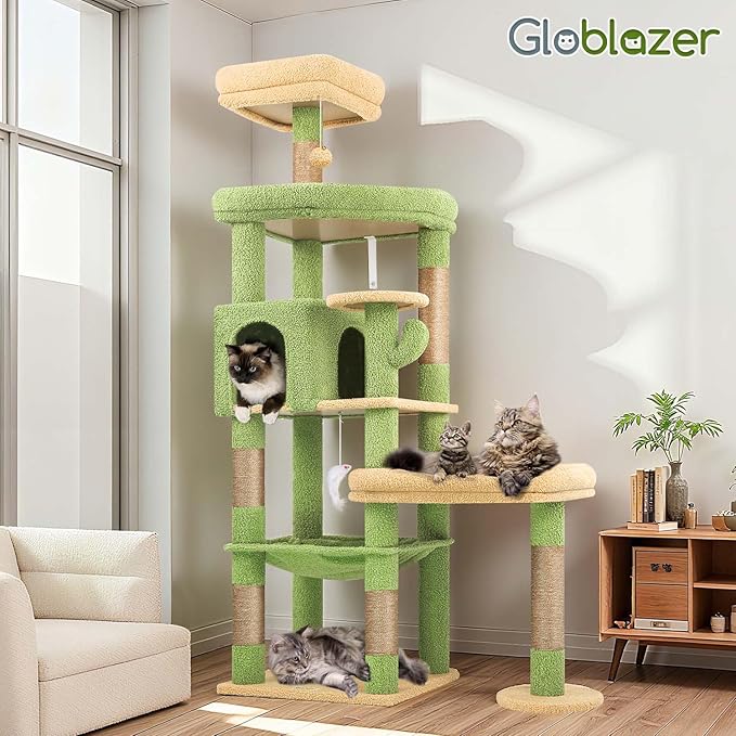 Globlazer Extra Large Platform Cactus Cat Tree, 65in Sturdy Cat Tree for Multiple Indoor Cats Large Adult, Big Cat Tower with 3 Padded Perches, 6 Scratching Posts, Spacious Condo, Hammock, S65, Green