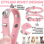 EXPAWLORER Cat Collar for Girl Boy Cats- Adjustable Leather Pet Collar with Safety Elastic Belt,Personalized Punk Accessories Buckle Collars with Bell & Durable D-Ring,Skull & Rivet（Pink）