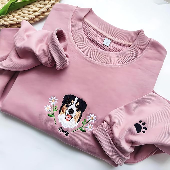 Personalized Dog Face Embroidered Sweatshirt Custom Pet Portrait From Photo Floral Stitch Design Unisex Crewneck Pullover Thoughtful Gift For Dog Lovers Pet Parents