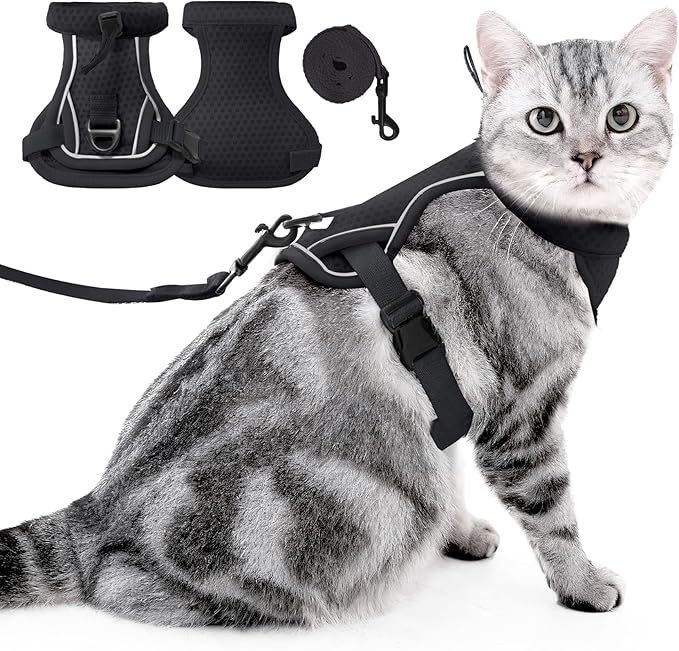 Cat Harness and Leash Set - Escape Proof, Adjustable Breathable Vest Harnesses with Reflective Strips, Easy Control & Secure Walking for Small Medium Large Cats Kitten Collar (Black, Medium)