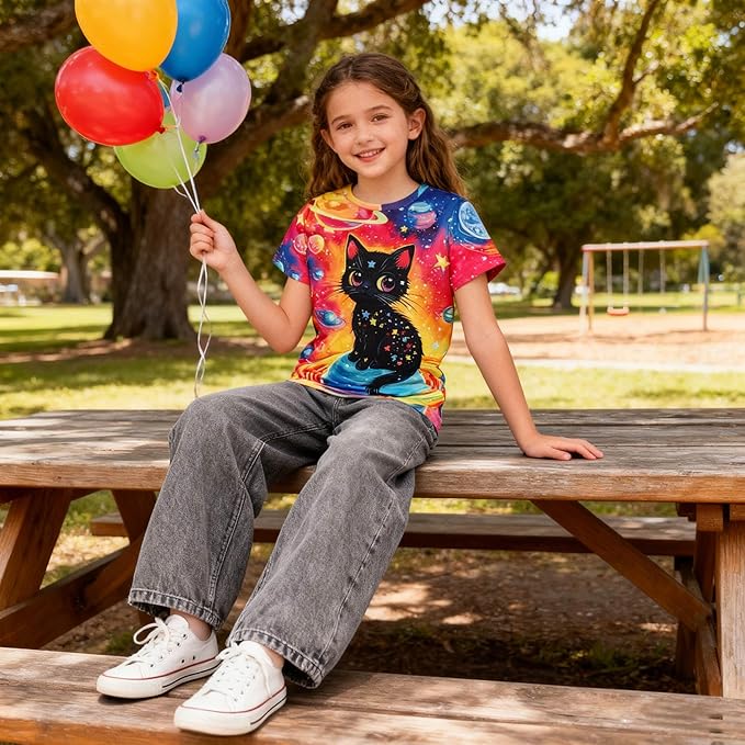 Funnycokid Girls Shirts Cat T Shirt Size 5-12 Clothes for Kids