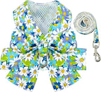 BAEJMJK Dog Harness and Leash Set with Bow Knot No Pull Pet Daisy Floral Harness with D-Ring Soft Mesh Dog Harness Vest Set Escape Proof Princess Puppy Harness for Small Girl Dogs Cats（Blue A S）