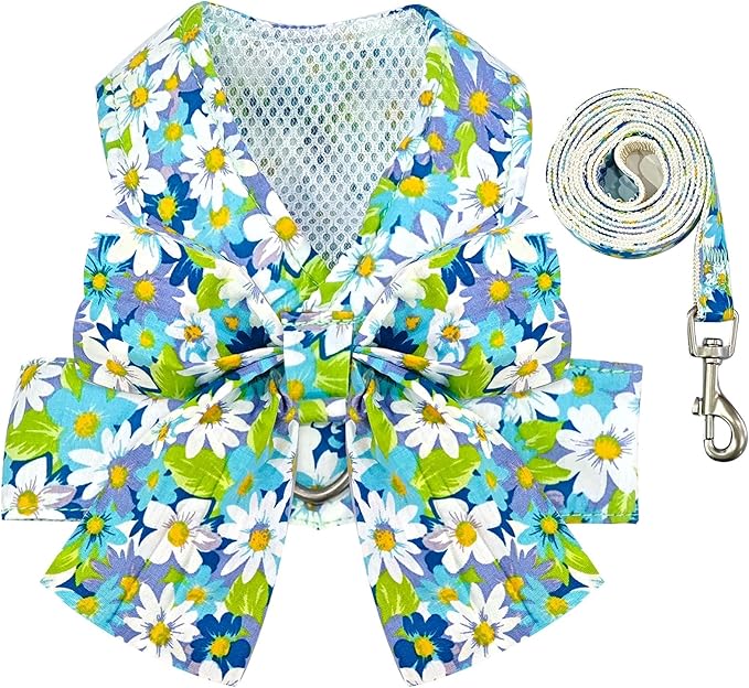 BAEJMJK Dog Harness and Leash Set with Bow Knot No Pull Pet Daisy Floral Harness with D-Ring Soft Mesh Dog Harness Vest Set Escape Proof Princess Puppy Harness for Small Girl Dogs Cats（Blue A S）