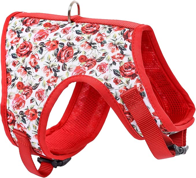 Mile High Life Dog Harness, Air Mesh Floral Vest Harness for 20 lbs Small Dogs & Cats, Easy Get on Adjustable Easy Closures Both Neck and Chest(Red Rose, M Chest 18"-20")
