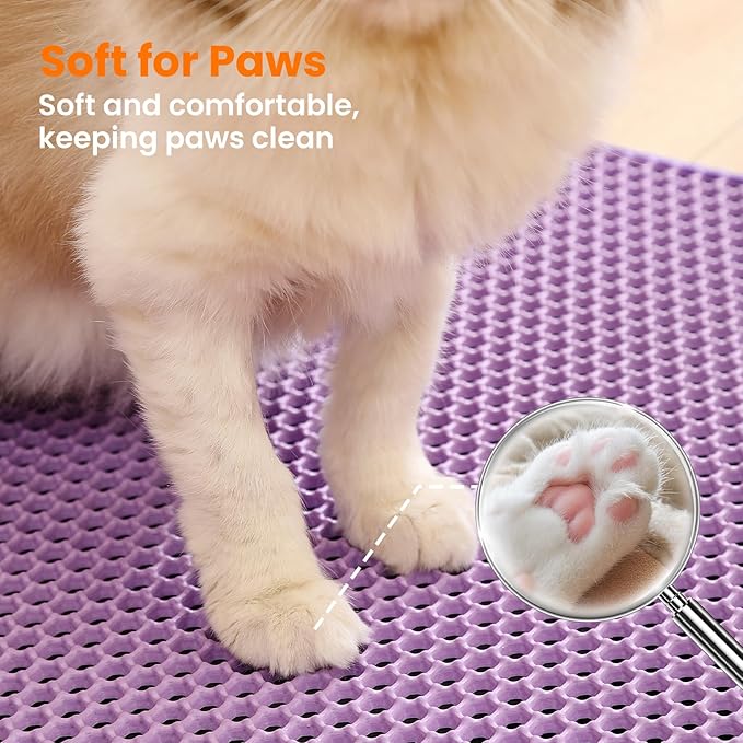 Extra Large Cat Litter Mat, 30x22 Inches Honeycomb Double Layer Cat Litter Trapping Mat, Non Slip Waterproof Urine Proof Large Kitty Litter Box Mat for Floor, Kitten Supplies, XL, Purple