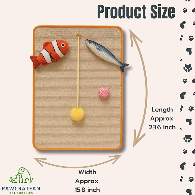 28 Inch Cat Wall Scratcher Pad with Toys – Hanging Sisal Scratch Board Kit for Indoor Cats, Includes Catnip Fish & Teaser Ball (Light Brown)