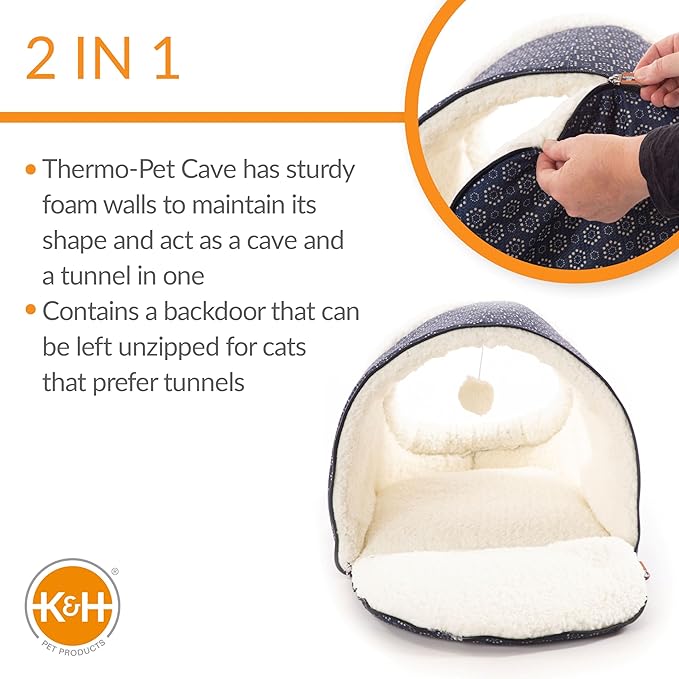 K&H Pet Products Thermo-Pet Cave Heated Cat Bed for Large Cats, Indoor Heated Warming Bed for Dogs & Cats, Covered Cave Pet Tent, Collapsible, Machine Washable, Safety Listed - 17 X 15 X 13in Navy