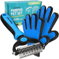 Maxpower Planet Pet Grooming Brush and 2X Grooming Gloves Combo - Double Sided Dematting, Deshedding Undercoat Rake for Dogs and Cats - Reduce Shedding Easily - Blue