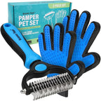 Maxpower Planet Pet Grooming Brush and 2X Grooming Gloves Combo - Double Sided Dematting, Deshedding Undercoat Rake for Dogs and Cats - Reduce Shedding Easily - Blue