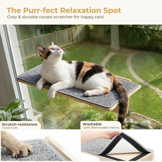 Pecute 2-in-1 Large Cat Window Perch & Wall Shelves, Cat Hammock Window with Solid Wood, Strong Suction Cup, Washable Cover Mat, Window seat Indoor, Cats Perch Bed for Birds Watching Inside, 21"x11"