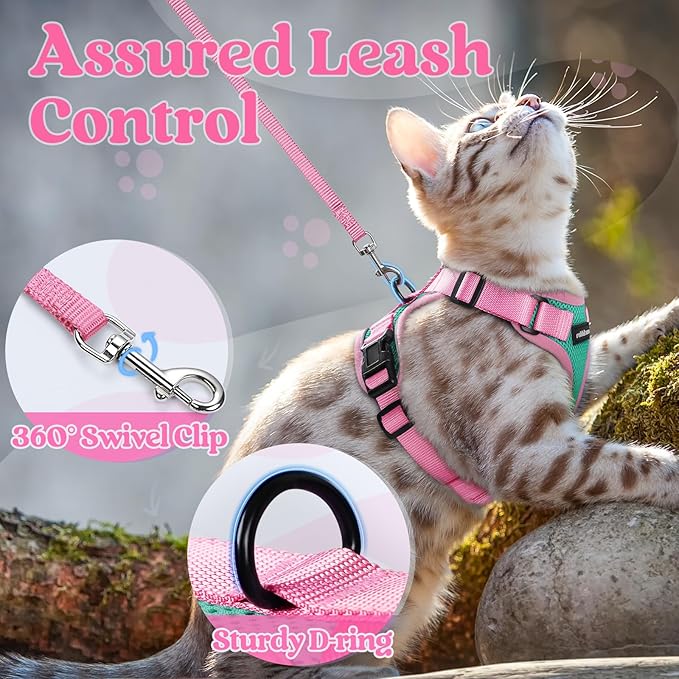 rabbitgoo Cat Harness and Leash Set, Escape Proof Soft Adjustable Vest Harnesses for Outdoor Walking, Easy Control Breathable Kitten Jacket with Reflective Strips, Green & Pink, XS