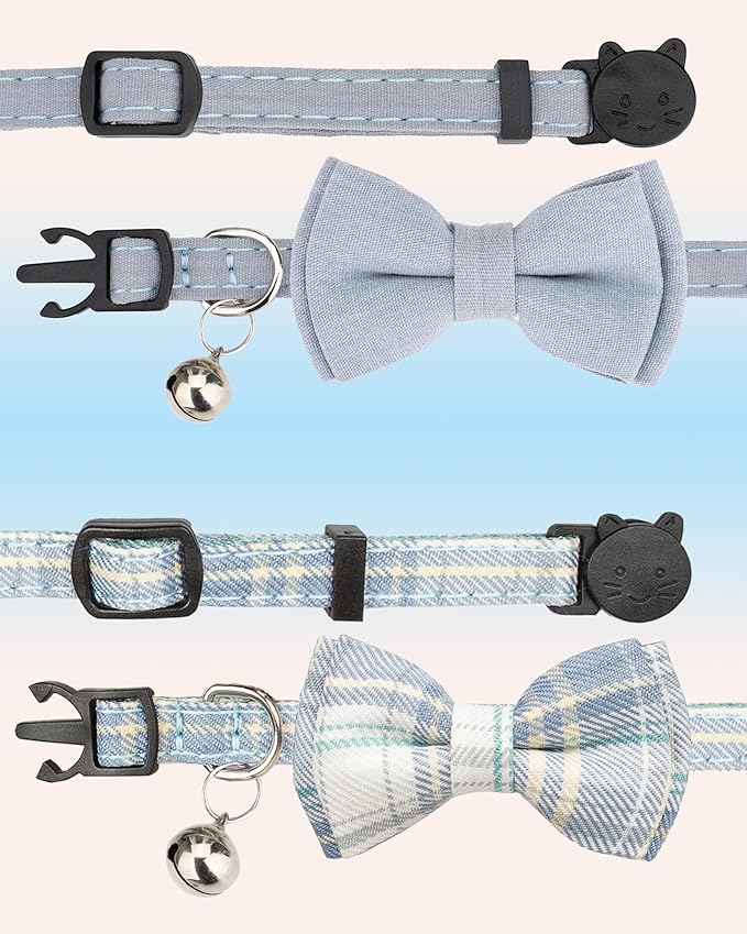 Cat Collar Breakaway Bowtie Safety with Bell Adjustbale Kitten Puppy Solid Plaid Color Set D-[2pcs] Blue