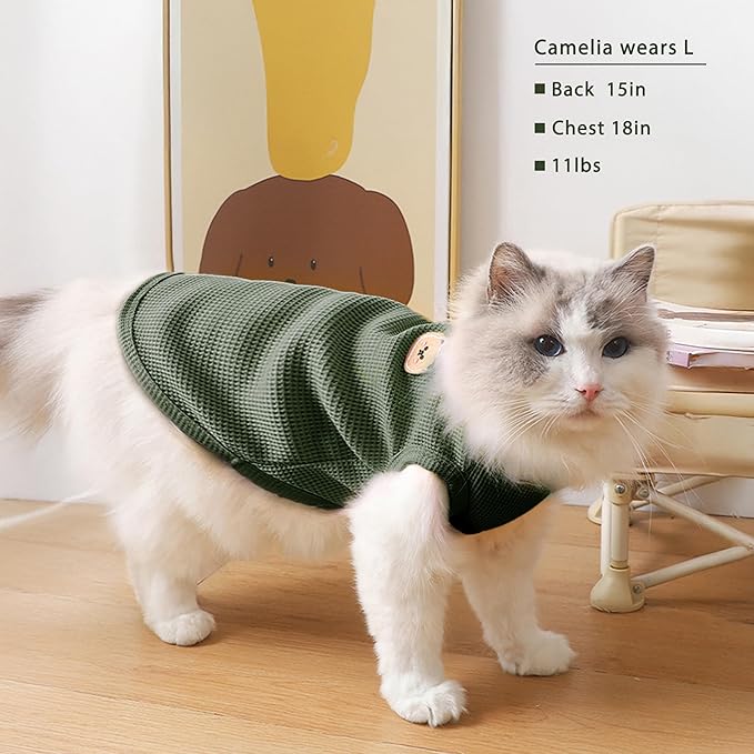 Waffle Knit Cat & Dog T Shirt for Small Dogs, Stretchable Puppy Shirt for Sphynx Cats & Small Breeds, Pet Clothes | Breathable Summer/Winter Apparel for Newborn(Green Large)