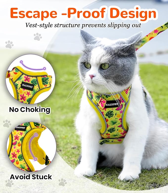 Halypet Cat Harness and Leash Set for Walking, Escape Proof Adjustable Vest Harness with 3-in-1 Integrated Buckles, Easy Control Soft Breathable Mesh with Reflective Strips for Cats, XS, Bright Yellow