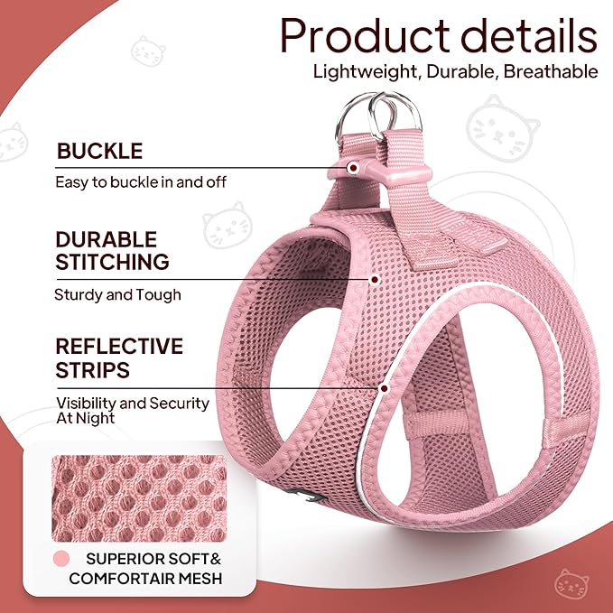 TwoEar Cat Harness and Leash, Soft Dog Vest Harness Adjustable, Breathable Mesh Step-in Puppy Walking Jacket Reflective Easy Control for Extral Small Pets for Outdoor Walking (XXXS, Pink)