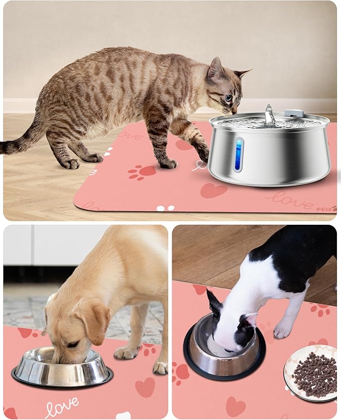 Cat Dog Food Mat, Rapid Water Absorption Dog Mat for Food and Water,100% Waterproof Cat Dog Bowl Mat,16"x24"-Pink
