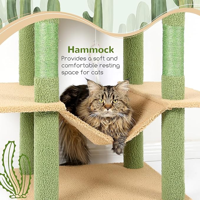 Globlazer Cactus Cat Tree Tower 76-Inch Extra Tall Multi-Level Cat Furniture with Cozy Condos,Interactive Toys and Perches for Large Cats, Perfect for Climbing, Scratching, and Play, F76, Green