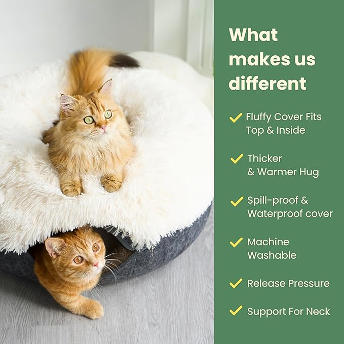 CATTASAURUS Peekaboo Cat Cave for Multiple & Large Cats Up to 30-45 Lbs, Fluffy Cat Beds for Indoor Cats, Scratch Detachable & Washable Tunnel Bed, Comfy Donut Cave (Dark Gray, Large (Calming))