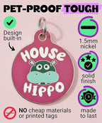 Bad Tags Personalized Dog and Cat ID Tags in 25+ Designs and 2 Sizes - 5 Lines of Custom Engraved Text - Funny Cute Personalized Pet Tags (House Hippo - Pink, Large (1.25 inch))