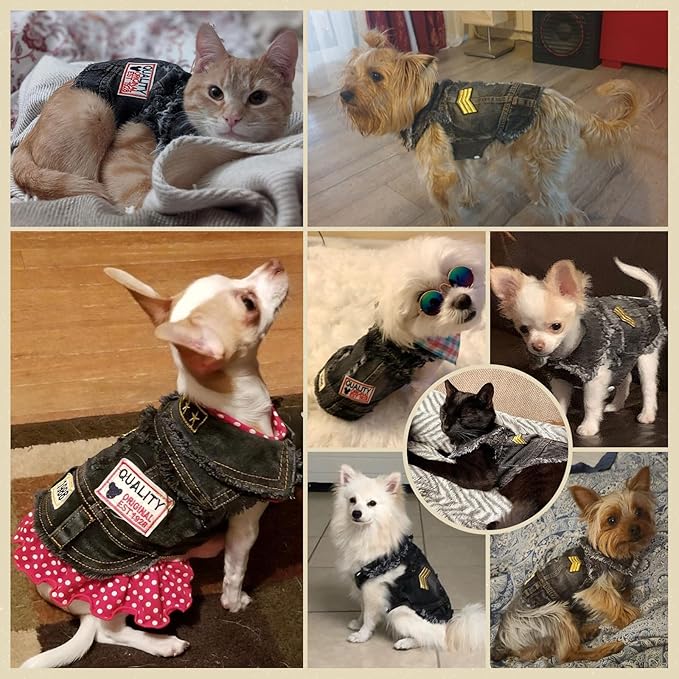 Cool Dog Jean Jacket Small Puppy Outfits Frenchie Clothes Denim Coats for Small Medium Dogs Cats Boys Girls Pet Vest Dog Shirt Clothing Doggy Costume (Black Print, XXL（Suggest 15-20 lbs）)