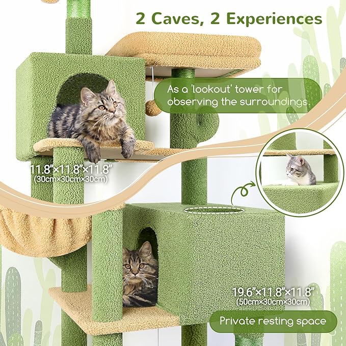 Globlazer Cactus Cat Tree Tower 76-Inch Extra Tall Multi-Level Cat Furniture with Cozy Condos,Interactive Toys and Perches for Large Cats, Perfect for Climbing, Scratching, and Play, F76, Green