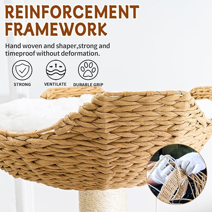 Big Modern Design Cat Tree Tower with White Cloud Mat, Unique Cat Supplies Tower with Scratching Post, Cute Wood Cat Tree Cat Furniture Activity Centre for Indoor Big Cats
