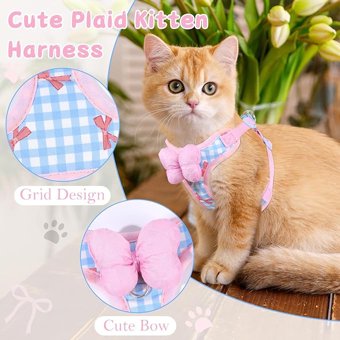 Cat Vest Harness and Leash Set for Walking Escape Proof, Adjustable Kitten Harness and Leash Set Breathable Mesh with Bow Harness for Kitty Puppy Bunny(Pink Small)