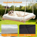 Cat Window Perch, Rustic Cat Hammock Bed with Solid Wood Seat 4 Heavy Duty Suction Cups, Plush Cushion, Indoor Pet Window Hammock for Cats for Large Cats