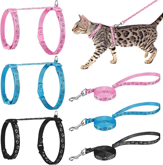 Auidy_6TXD 3 Pack Cat Harness and Leash Reflective Cat Harness Escape Proof for Walking Adjustable Kitten Harness for Small Medium Cats
