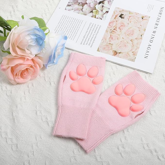 Nydotd Cat Paw Pad Mittens Gloves Kawaii Pink 3D Claw Fingerless Cute Cat Cosplay Gloves Sleeve for Girls Party