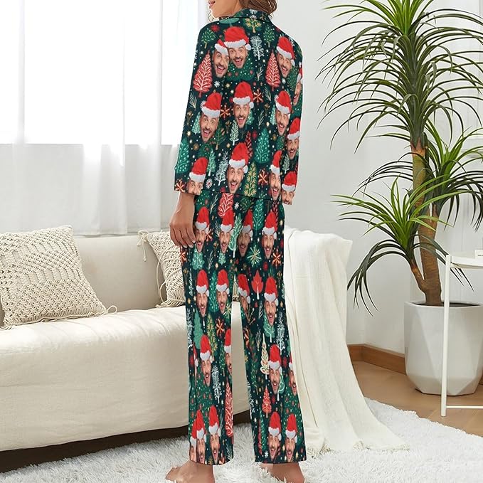 Custom Face Pajamas for Women Men,Personalized Dog Cat Pet Pajamas Set,Christmas Long Sleeve Sleepwear Pjs