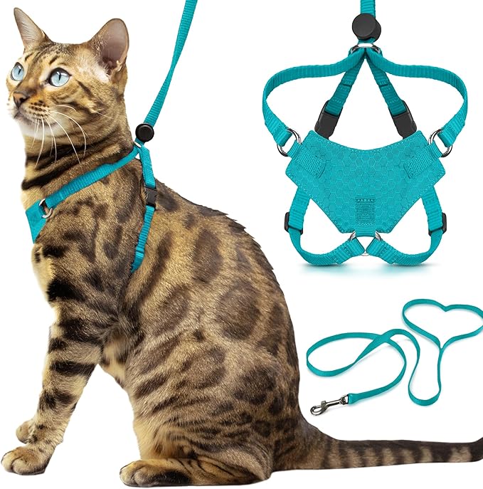 Houdini™ Escape Proof Cat Harness and Leash Set by OutdoorBengal – Turquoise, Medium Cat Harness for Walking