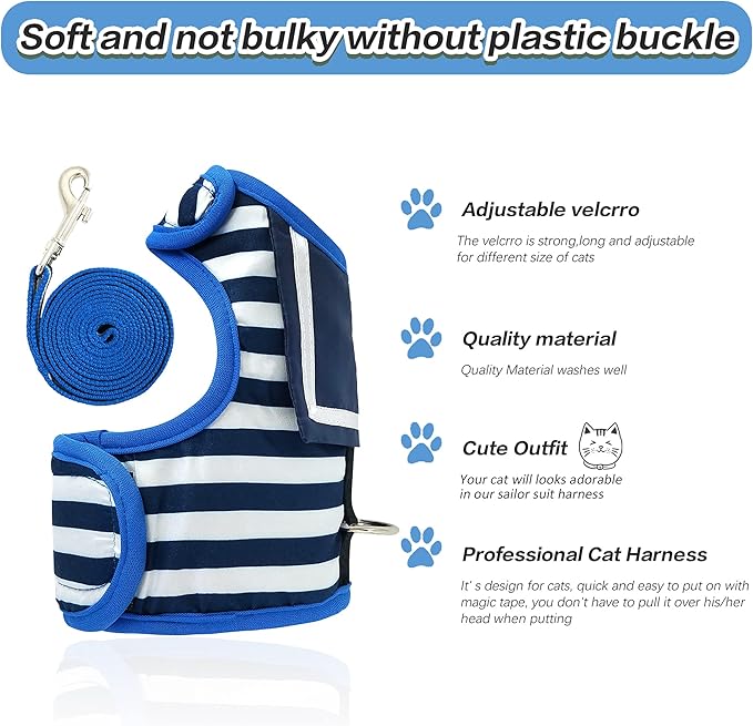 Cat Harness and Leash for Walking Escape Proof, Adjustable Cat Vest Harness, Padded Stylish Cat Walking Jackets, Sailor Suit Navy, Small