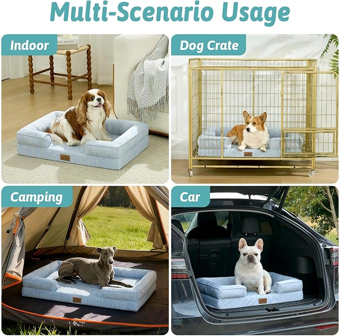Cooling Dog Bed for Extra Large Dogs, Q-Max >0.4 Summer Cool Orthopedic Foam Pet Sofa Bed with Sides, Bolster Anti-Slip Couch with Washable Removable Cover, XXL 48x35x7.5 inch, Blue