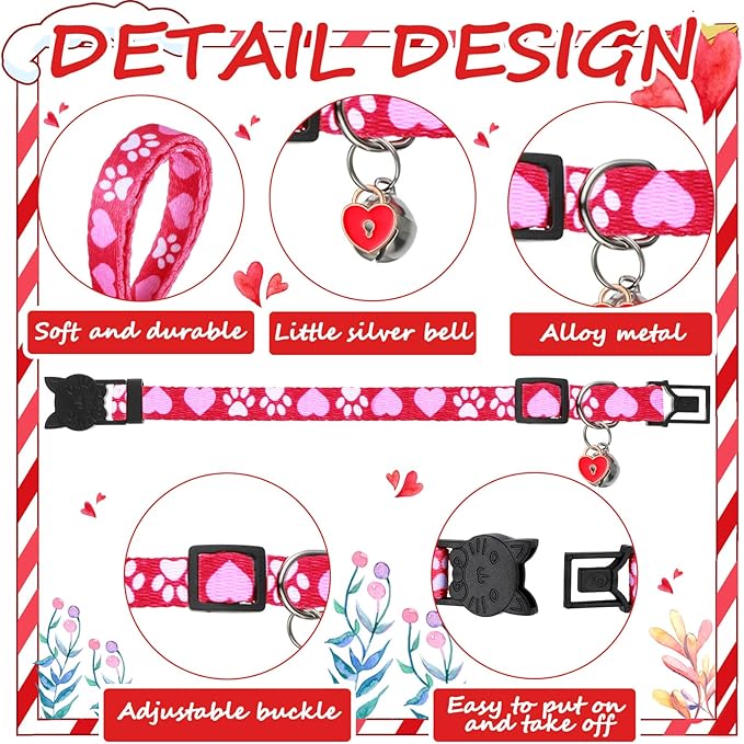 8 Pcs St. Patrick's Day Adjustable Cat Collar Easter Cat Collar with Bell Plastic Buckle Valentines Holiday Puppy Gift for Pet Kitten Puppy(Heart)