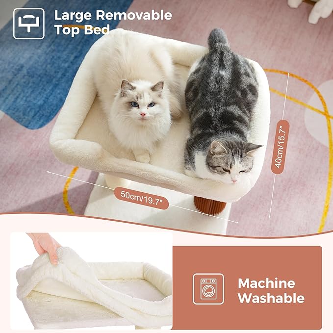 Cat Tree Tower for Large Cats Cat Scratching Post with Cat Self Groomer, 20x15.7” Wide Top Bed, Thick Scratch Post [Dia=4.5”] and Danging Ball Great for Indoor Cats-Large Beige