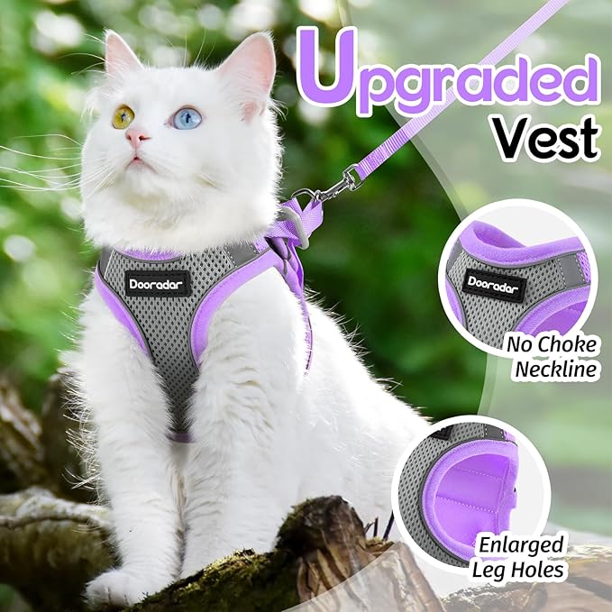 Dooradar Cat Harness and Leash Set, Escape Proof Lightweight Kitten Harness, Soft Breathable Reflective Vest for Outdoor Walking Traveling, Adjustable for Medium Cats, Grey & Purple, M