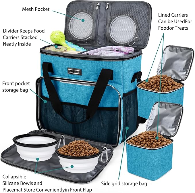 BAGLHER Dog Travel Bag, Pet Travel Bag (ALL Pet Travel Supplies), With 2 Pet Food Containers and 2 Collapsible Silicone Bowls; Essential Kits for Pet Travel Sky Blue