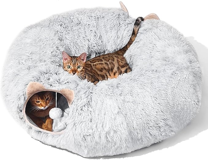 Cat Tunnel with Cat Bed for Indoor Cats, Under Christmas Tree Soft Plush Peekaboo Cat Cave Donut Tunnel, Multifunctional Playground Toys Hideplace for Kittens, Rabbit, Ferret (Grey)