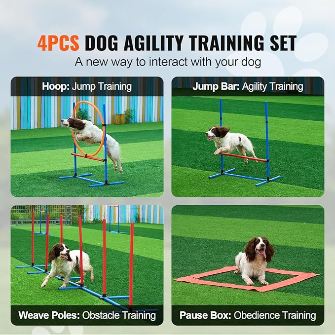Happybuy Dog Agility Training Equipment, 4 PCS Set with Adjustable High Hurdles,6 Weave Poles,Jump Ring,Square Pause Box,Whistle,Foldable Bowl, Puppy Obstacle Course Kit for Backyard, Indoor, Outdoor
