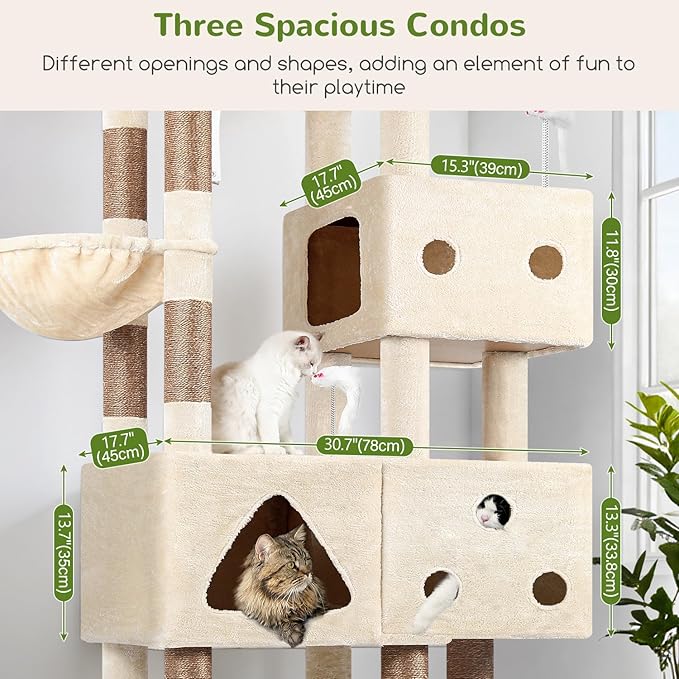 Globlazer Extra Large Cat Tower, 81-inch Tall Cat Tree for Big Cats 20 lbs, XXL Heavy Duty Cat Scratching Tower for Indoor Adult Cats with 3 Cat Condos, 8 Scratching Posts, F81, Beige