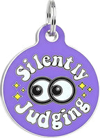 Bad Tags Personalized Dog and Cat ID Tags in 25+ Designs and 2 Sizes - 5 Lines of Custom Engraved Text - Funny Cute Personalized Pet Tags (Silently Judging - Purple, Large (1.25 inch))